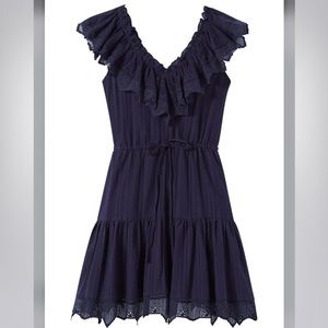Rebecca Taylor Mariana Gauze eyelet embroidered ruffle trim dress navy blue